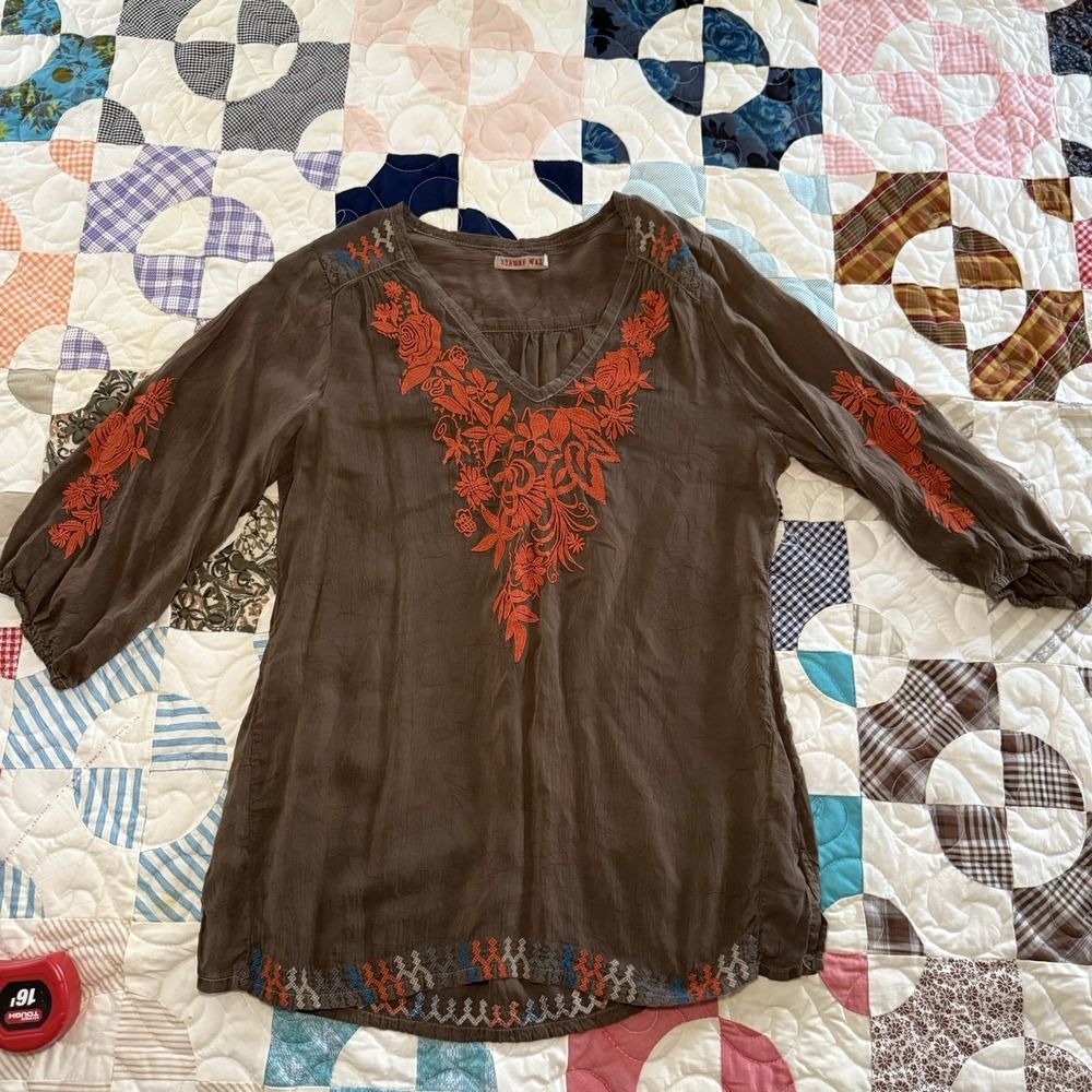 Johnny Was Mia Tunic Chocolate Brown Burnt Orange Embroidered Floral Women's XS